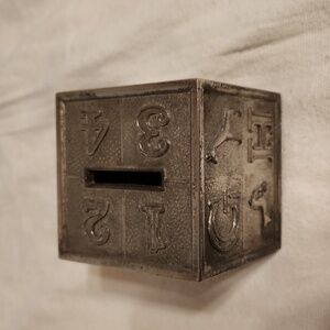 LEONARD 3" ABC Building Block Cube Coin Bank Silver Plated Metal Vintage